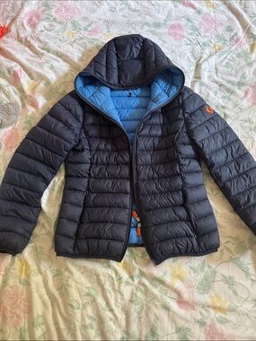 SAVE THE DUCK  women’s Hooded Puffer Jacket - Navy withBlue Lining Sz 2 (sml)